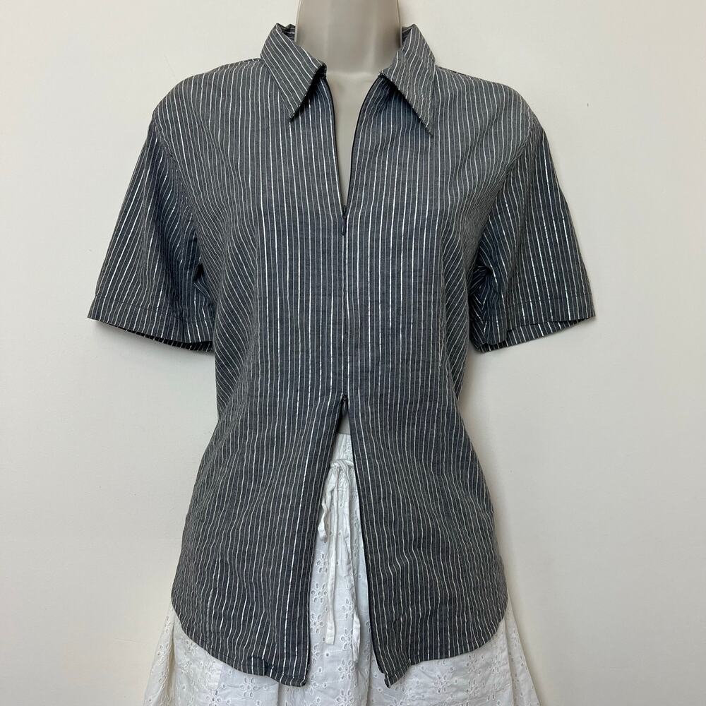 Y2K Gray Metallic Silver Pinstripe Double Zipper Medium Short Sleeve Shirt